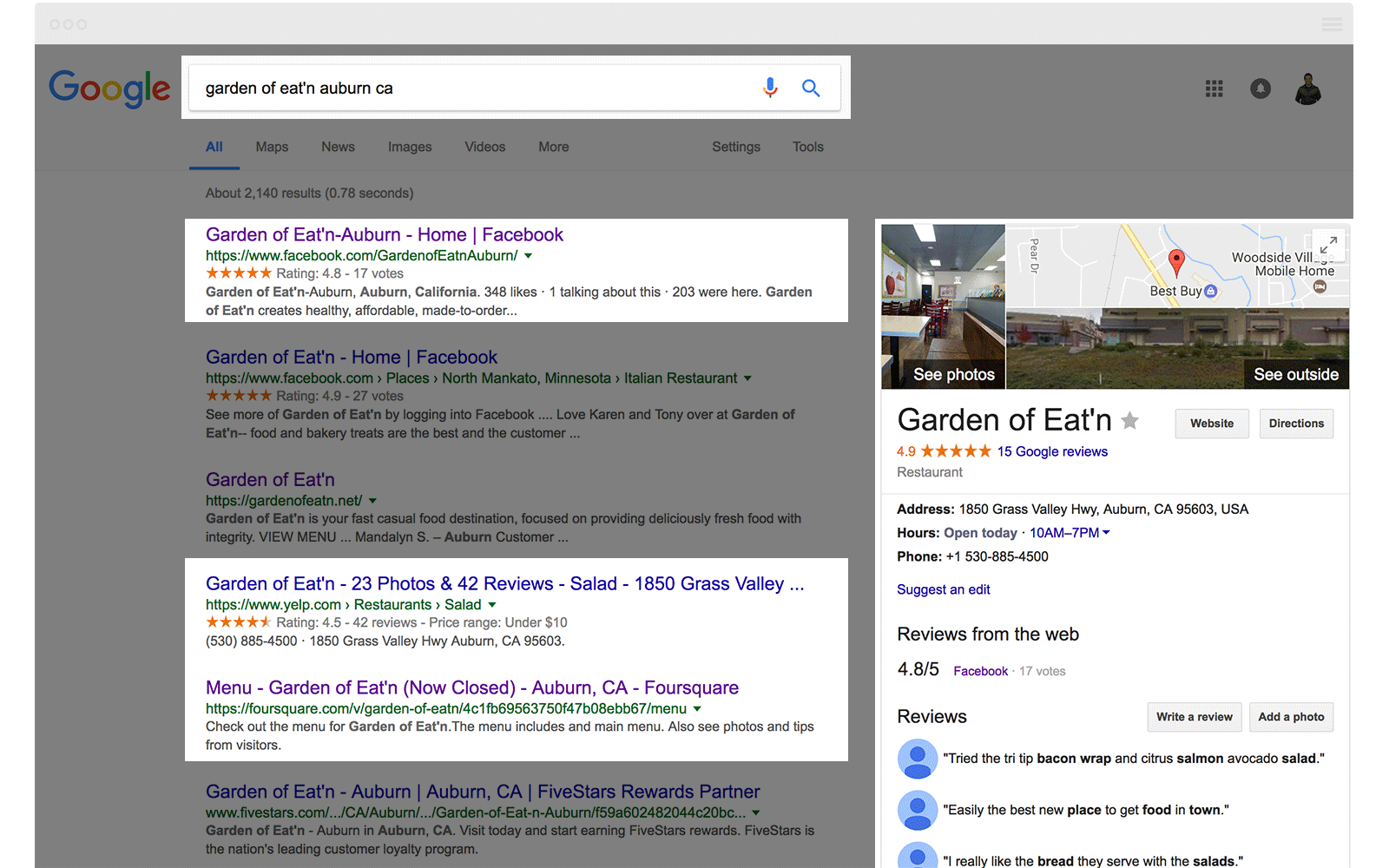 Google SERP Restaurant Auburn