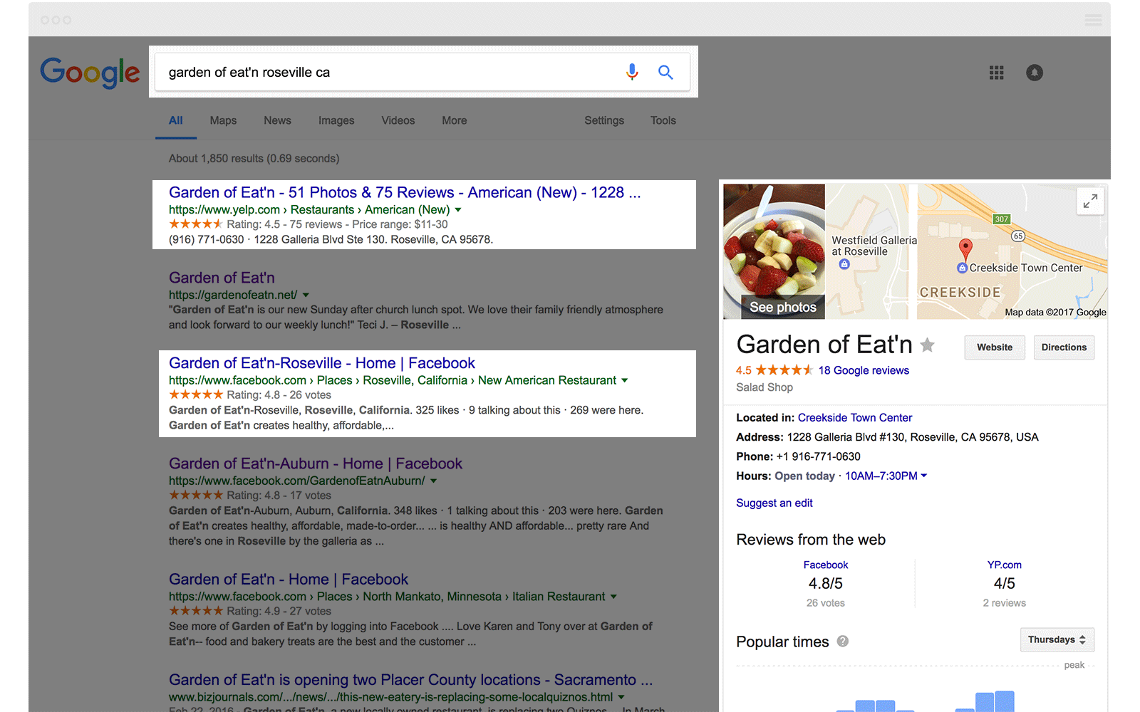Google SERP Restaurant Roseville